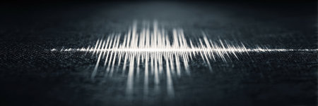 A sound wave pattern is displayed on a dark surface, illustrating the intricate design of audio frequencies with a focus on the beauty of sound waves.の素材
