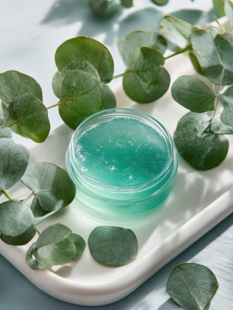 A small clear container filled with a minty blue gel sits on a white tray, surrounded by lush eucalyptus leaves in a calming environment.の素材