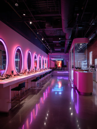 The glowing makeup counter, with reflective surfaces and neon lights, invites beauty lovers to explore and experiment.の素材