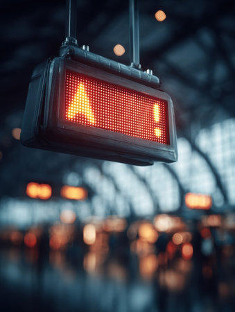 Bright red alert sign displays urgent message, capturing the attention of travelers in bustling station as evening descends on the crowd.の素材