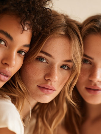 Three women showcase their unique features and expressions while standing shoulder to shoulder in a softly lit environment, highlighting natural beauty.の素材