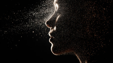 A captivating silhouette of a facial profile emerges from sparkling particles representing skin renewal, illuminating the concept of rejuvenation and beauty.の素材