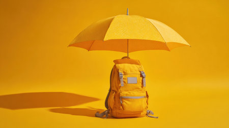A yellow backpack stands under a matching umbrella on a bright yellow background, creating an energetic and cheerful aesthetic filled with color.の素材