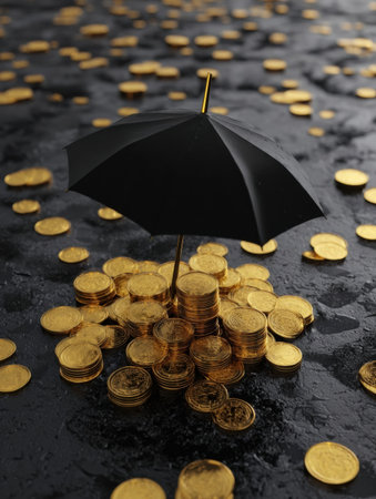 A small black umbrella stands over a mound of gold coins on a dark surface, while additional coins are scattered around, creating an intriguing contrast.の素材