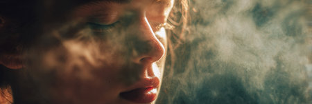 A youthful face softly releases steam, creating a serene atmosphere enhanced by cozy lighting, capturing a moment of calm and introspection.の素材