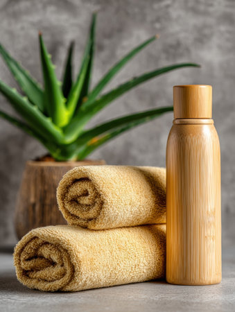 Rolled yellow towels are neatly arranged next to a bamboo water bottle, complemented by a vibrant green succulent plant, creating a serene spa-like atmosphere.の素材