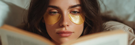 Relaxing in soft light, a woman with golden under-eye patches absorbed in a book creates a peaceful atmosphere that enhances her self-care routineの素材