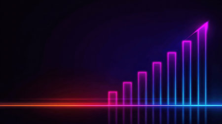 This visual representation shows a neon gradient bar graph illustrating upward growth trends, commonly used in data analytics and presentations.の素材