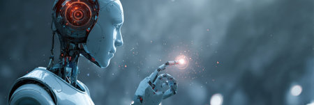 Humanoid robot with advanced features reaches out to touch a glowing sphere of energy, capturing a moment of potential connection in a high-tech surroundings.の素材