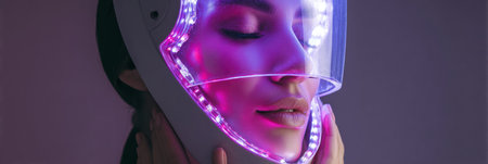 A woman relaxes under an LED therapy mask in a contemporary spa, experiencing skin treatment while surrounded by a peaceful, modern atmosphere.の素材