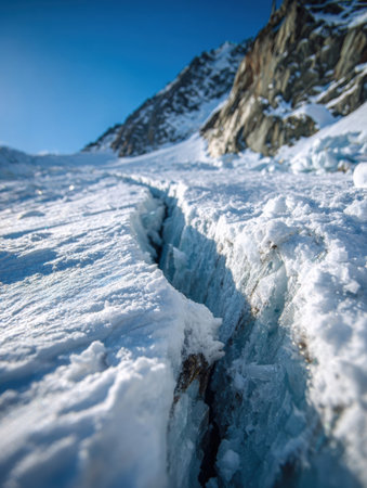 Majestic crack in a glacier exposes vivid blue ice while rugged mountain terrain towers above, showcasing natures beauty in a clear sunny atmosphere.の素材