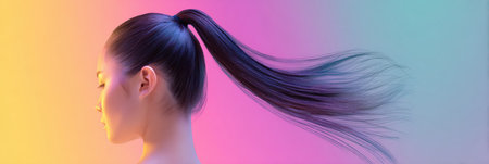 A ponytail flows gracefully against a vibrant gradient backdrop, capturing the essence of movement and artistic expression during a dynamic moment.の素材