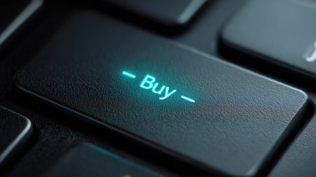 A close-up view showcases a glowing buy key on a keyboard, illustrating the significance of online shopping and digital commerce in everyday activities.の素材