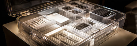 A neatly arranged surgical toolkit for facial surgery, highlighted by elegant lighting, displaying precise instruments and organized supplies.の素材