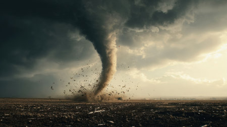 A powerful tornado swirls upward from a field as dark storm clouds gather, creating an intense atmosphere in the rural landscape during late afternoon.の素材