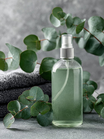 Eucalyptus spray bottle rests beside plush towels and fresh eucalyptus leaves on a textured gray surface, creating a calming and natural atmosphere.の素材