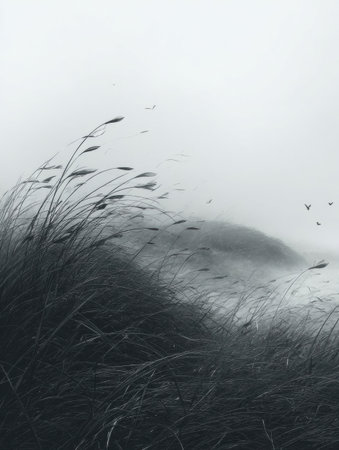 Tall grasses bend in the strong wind along a foggy coastline, while small birds fly in the misty atmosphere at dusk, creating a tranquil scene.の素材