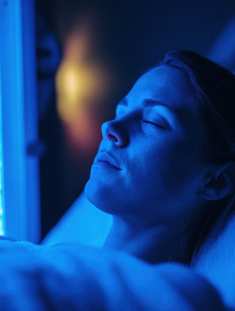 A patient rests under blue LED light therapy in a softly lit dark room, enjoying the soothing effects of light on skin and mood for healing benefits.の素材