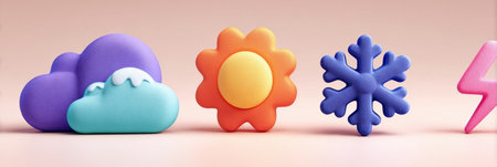 Stylish decorative symbols represent weather elements like clouds, sunshine, snowflakes, and lightning on a smooth pastel backdrop in a playful arrangement.の素材
