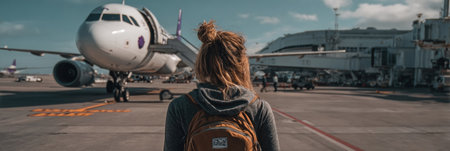 A traveler with a backpack walks toward an airplane at the airport, filled with anticipation for an upcoming adventure under a clear sky.の素材