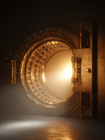 A vault door stands ajar in a dark space, emitting a warm glow, symbolizing wealth and hidden treasures. Shadows dance around the closed surroundings.の素材