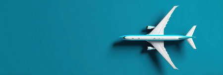 An airplane model is showcased on a turquoise surface, emphasizing its sleek design and aviation features in a minimalist setting.の素材