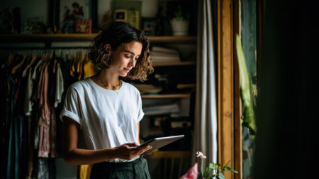 A young woman checks her tablet while standing near a window, surrounded by natural light and a warm home atmosphere, creating a peaceful, reflective moment.の素材