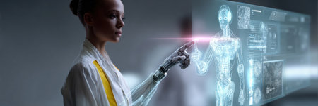 A person with a robotic arm interacts with a holographic display, exploring high-tech interfaces and digital information in a sleek environment.の素材