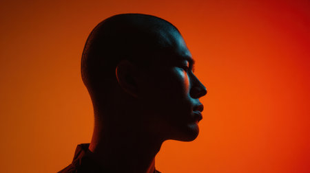 A close-up profile of an individual with a buzz cut highlighted by warm gradient lighting, creating a dramatic atmosphere with empty space on the right.の素材