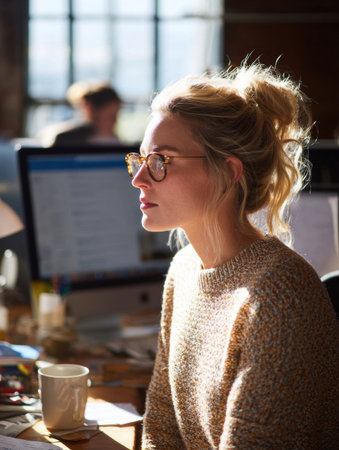 A woman with glasses sits at a desk, deeply focused on her work while sunlight streams through office windows illuminating the space.の素材