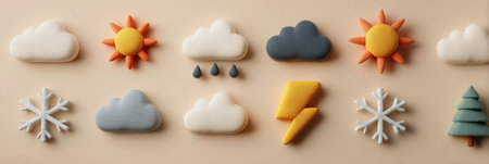 Various foam shapes representing sun, clouds, rain, snowflakes, lightning, and trees arranged on a gentle background, perfect for teaching weather concepts.の素材