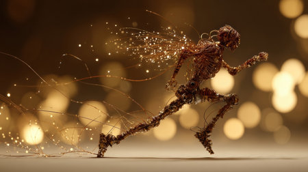 Exquisite metallic figure sprints energetically, surrounded by a warm, glowing background. Artwork captures the essence of motion and creativity.の素材