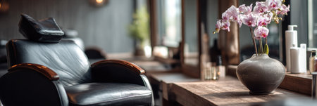 A beautifully designed salon interior highlights an open chair surrounded by a serene atmosphere, soft lighting, and elegant floral arrangements.の素材