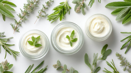 Three jars filled with creamy herbal products display vibrant green herbs around them, highlighting a blend of natural skincare and botanical elements.の素材