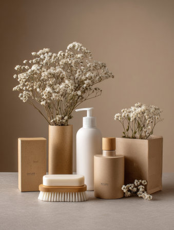 A harmonious arrangement of natural skincare products alongside delicate dry flowers creates a tranquil, minimalist aesthetic emphasizing beauty and care.の素材