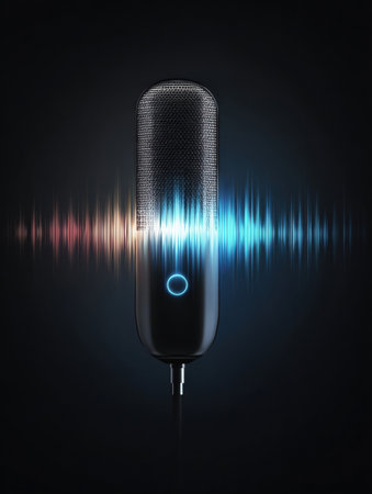 A sleek microphone stands against a dark background, illuminated by a vibrant sound wave graphic reflecting audio activity and innovation.の素材