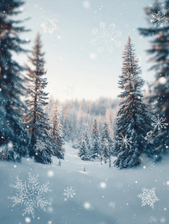 Evergreen trees covered in snow create a serene winter landscape as soft snowflakes fall from the sky in the early morning light.の素材