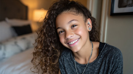 A girl with beautiful curly hair beams joyfully at the camera, enjoying a comfortable moment in a cozy room with soft lighting and a welcoming atmosphere.の素材