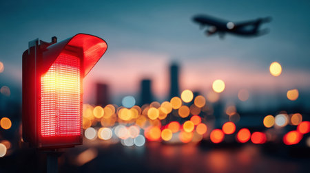 A glowing red traffic signal is prominently displayed while an airplane ascends in the background, showcasing a bustling city skyline at dusk.の素材