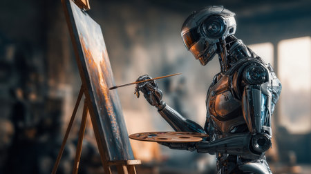 An advanced robot artist paints a captivating scene on an easel, mixing colors in a creative workspace filled with artistic tools.の素材