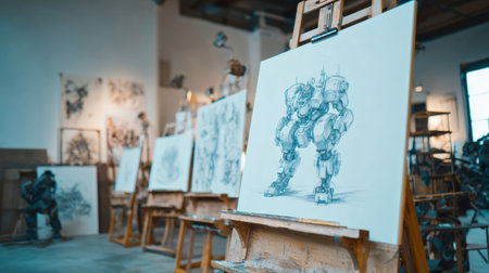 Sketches of robots displayed on easels inside an art studio with an inspiring ambiance and warm lighting illuminating the creative workspaceの素材