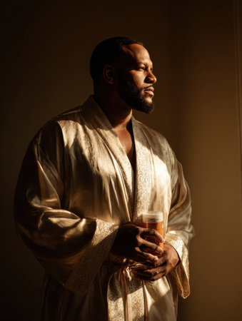 Soft light cascades on a man wearing a golden robe as he stands by a window, holding a drink and gazing thoughtfully into the distance with a serene expression.の素材