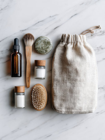 Various skincare products including oils, creams, and tools are neatly placed on a marble countertop, highlighting natural beauty essentials in soft lighting.の素材