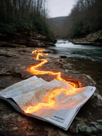 A river flows serenely through the forest, with a map laid on a rock illuminated by glowing orange pathways that highlight the terrain in the dim light.の素材