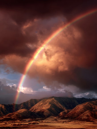 A vibrant rainbow spans the sky, contrasting against dark clouds, while sunlight highlights rugged mountains in the background during late afternoon.の素材
