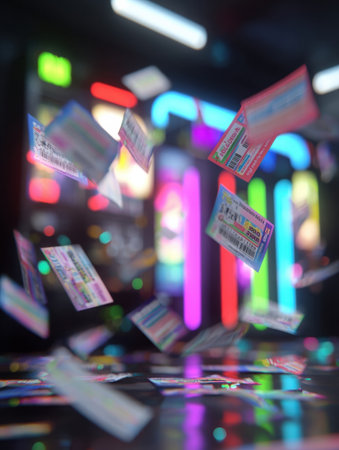 Tickets cascade through the air in a bustling arcade where players are engaged in various games surrounded by vibrant neon lights.の素材