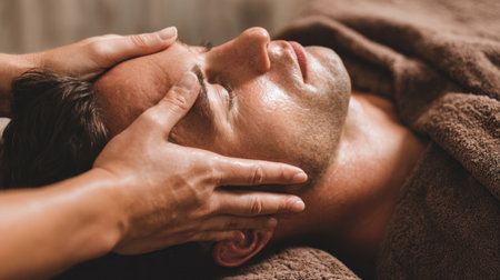 A calm individual receives a soothing facial massage at a wellness center, experiencing relaxation and comfort within the tranquil atmosphere in the afternoon.の素材