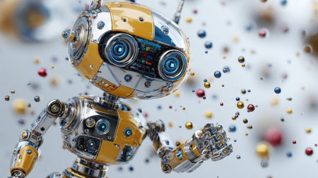 A metallic robot stands in a vibrant setting, its expressive blue eyes scanning its surroundings as colorful orbs float around, illustrating advanced robotics.の素材