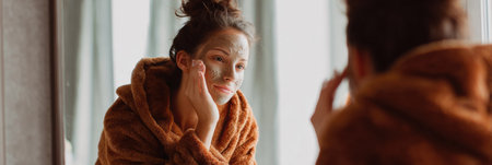 A woman enjoys a moment of self-care, applying a clay mask while wearing a cozy robe and looking into the mirror, focused on her skincare routine.の素材