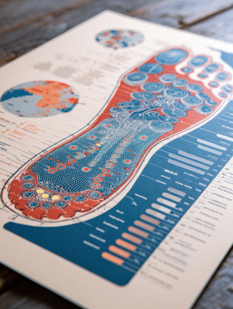 Detailed reflexology foot map is shown on a wooden surface in a wellness center, illustrating various reflex points for holistic healing practices.の素材